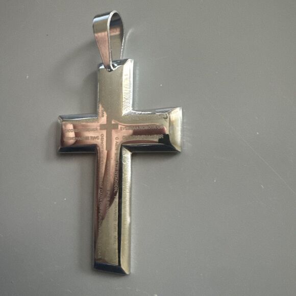 Stainless Steel Cross Pendant Scripture Silver Plated 24 Inch Chain Religious - Picture 2 of 6